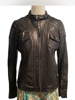 Michael Kors Black Leather Moto Jacket with Buckle Collar